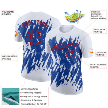 Custom White Royal-Red Torn Sharp Brush Stroke Splatter Performance T-Shirt
