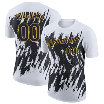 Custom White Black-Old Gold Torn Sharp Brush Stroke Splatter Performance T-Shirt