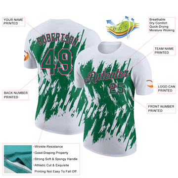 Custom White Kelly Green-Pink Torn Sharp Brush Stroke Splatter Performance T-Shirt