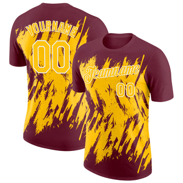 Custom Burgundy Yellow-White Torn Sharp Brush Stroke Splatter Performance T-Shirt