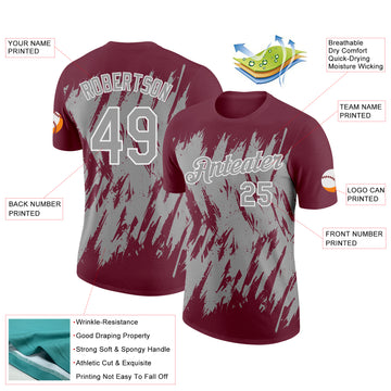 Custom Burgundy Gray-White Torn Sharp Brush Stroke Splatter Performance T-Shirt