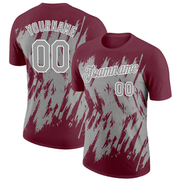 Custom Burgundy Gray-White Torn Sharp Brush Stroke Splatter Performance T-Shirt