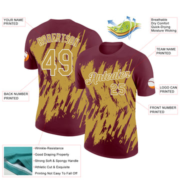 Custom Burgundy Old Gold-White Torn Sharp Brush Stroke Splatter Performance T-Shirt