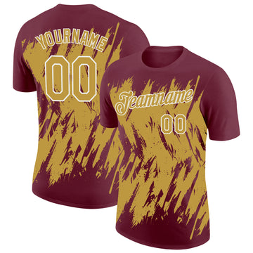 Custom Burgundy Old Gold-White Torn Sharp Brush Stroke Splatter Performance T-Shirt