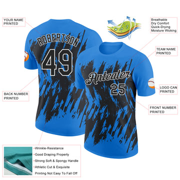 Custom Powder Blue Black-White Torn Sharp Brush Stroke Splatter Performance T-Shirt