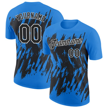 Custom Powder Blue Black-White Torn Sharp Brush Stroke Splatter Performance T-Shirt