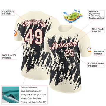 Custom Cream Black-Crimson Torn Sharp Brush Stroke Splatter Performance T-Shirt