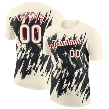 Custom Cream Black-Crimson Torn Sharp Brush Stroke Splatter Performance T-Shirt
