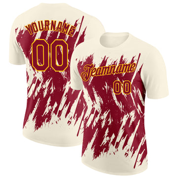 Custom Cream Crimson-Yellow Torn Sharp Brush Stroke Splatter Performance T-Shirt