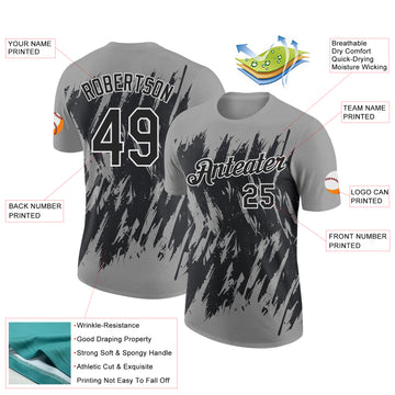 Custom Gray Black-White Torn Sharp Brush Stroke Splatter Performance T-Shirt