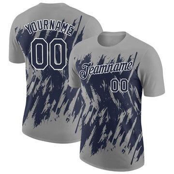 Custom Gray Navy-White Torn Sharp Brush Stroke Splatter Performance T-Shirt