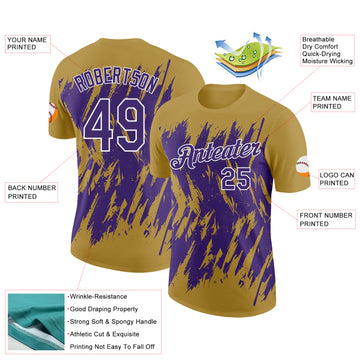 Custom Old Gold Purple-White Torn Sharp Brush Stroke Splatter Performance T-Shirt