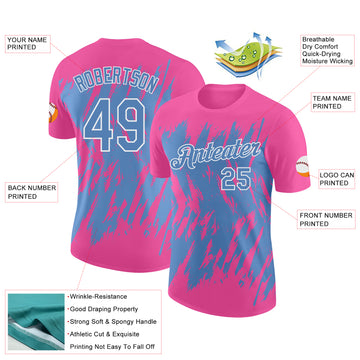 Custom Pink Light Blue-White Torn Sharp Brush Stroke Splatter Performance T-Shirt