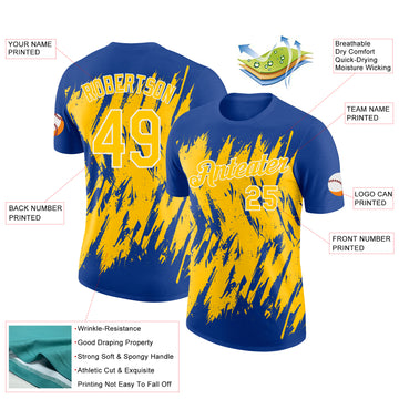 Custom Royal Yellow-White Torn Sharp Brush Stroke Splatter Performance T-Shirt