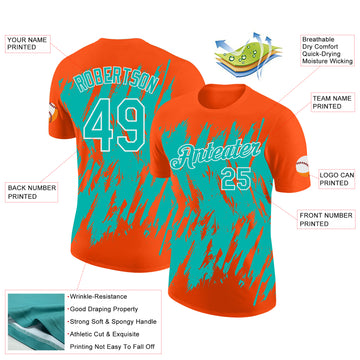 Custom Orange Aqua-White Torn Sharp Brush Stroke Splatter Performance T-Shirt
