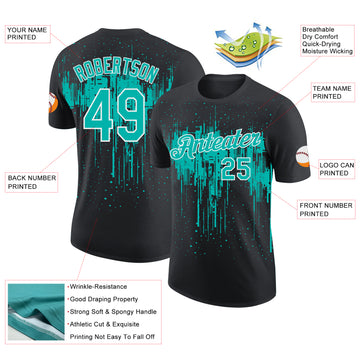 Custom Black Aqua-White Dripping Splatter Paint Performance T-Shirt
