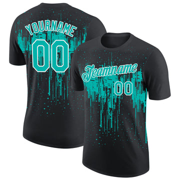Custom Black Aqua-White Dripping Splatter Paint Performance T-Shirt