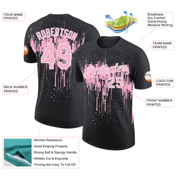 Custom Black Light Pink-White Dripping Splatter Paint Performance T-Shirt