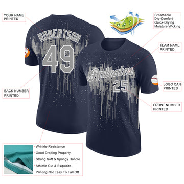 Custom Navy Gray-White Dripping Splatter Paint Performance T-Shirt