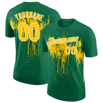 Custom Kelly Green Yellow-White Dripping Splatter Paint Performance T-Shirt