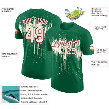 Custom Kelly Green Cream-Crimson Dripping Splatter Paint Performance T-Shirt