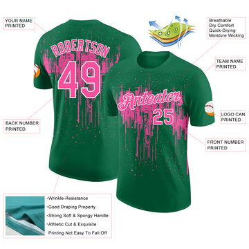 Custom Kelly Green Pink-White Dripping Splatter Paint Performance T-Shirt