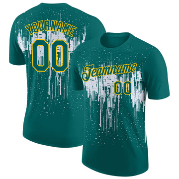 Custom Teal White-Yellow Dripping Splatter Paint Performance T-Shirt