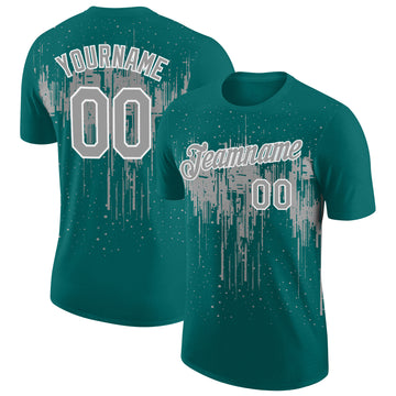 Custom Teal Gray-White Dripping Splatter Paint Performance T-Shirt