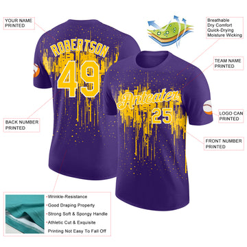 Custom Purple Yellow-White Dripping Splatter Paint Performance T-Shirt