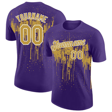 Custom Purple Old Gold-White Dripping Splatter Paint Performance T-Shirt