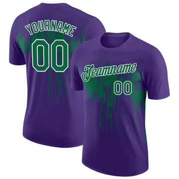 Custom Purple Kelly Green-White Dripping Splatter Paint Performance T-Shirt