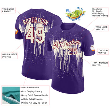 Custom Purple Cream-Crimson Dripping Splatter Paint Performance T-Shirt