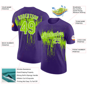 Custom Purple Neon Green-White Dripping Splatter Paint Performance T-Shirt