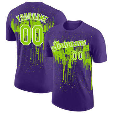 Custom Purple Neon Green-White Dripping Splatter Paint Performance T-Shirt