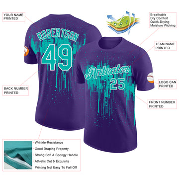 Custom Purple Aqua-White Dripping Splatter Paint Performance T-Shirt