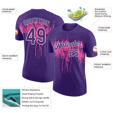 Custom Purple Pink-White Dripping Splatter Paint Performance T-Shirt