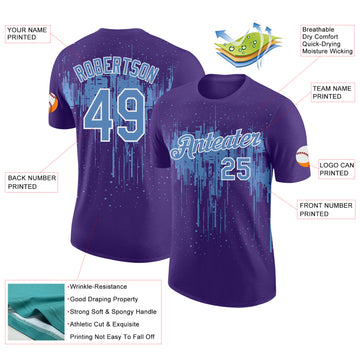 Custom Purple Light Blue-White Dripping Splatter Paint Performance T-Shirt