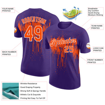 Custom Purple Orange-White Dripping Splatter Paint Performance T-Shirt