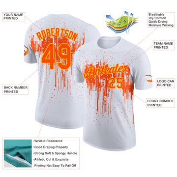 Custom White Orange-Yellow Dripping Splatter Paint Performance T-Shirt