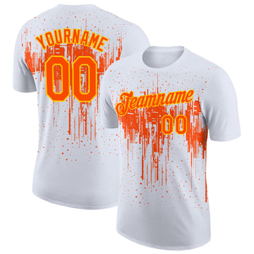 Custom White Orange-Yellow Dripping Splatter Paint Performance T-Shirt