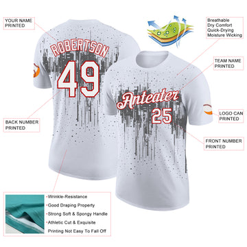 Custom White Steel Gray-Red Dripping Splatter Paint Performance T-Shirt