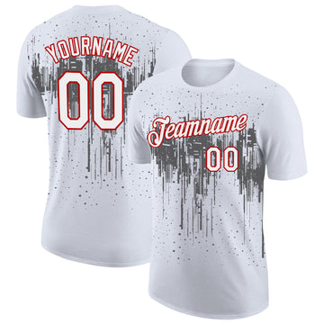 Custom White Steel Gray-Red Dripping Splatter Paint Performance T-Shirt