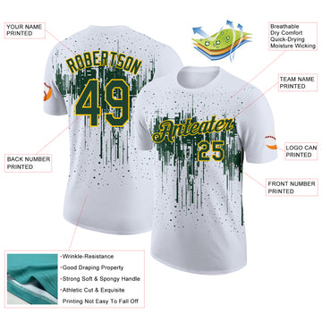 Custom White Green-Yellow Dripping Splatter Paint Performance T-Shirt