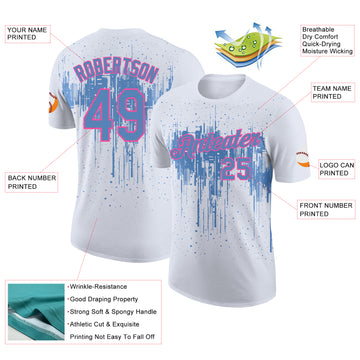 Custom White Light Blue-Pink Dripping Splatter Paint Performance T-Shirt