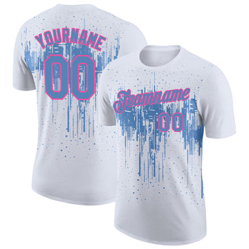 Custom White Light Blue-Pink Dripping Splatter Paint Performance T-Shirt