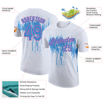 Custom White Powder Blue-Pink Dripping Splatter Paint Performance T-Shirt