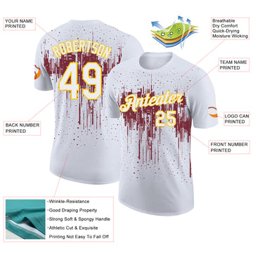 Custom White Burgundy-Yellow Dripping Splatter Paint Performance T-Shirt