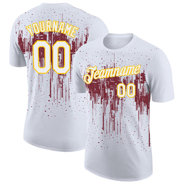 Custom White Burgundy-Yellow Dripping Splatter Paint Performance T-Shirt