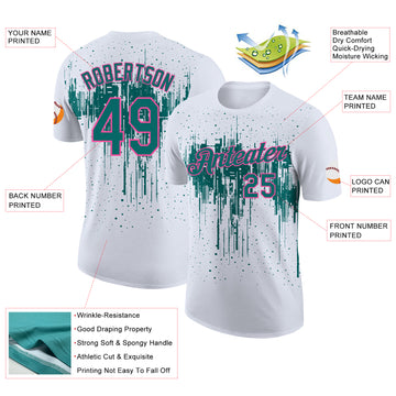 Custom White Teal-Pink Dripping Splatter Paint Performance T-Shirt