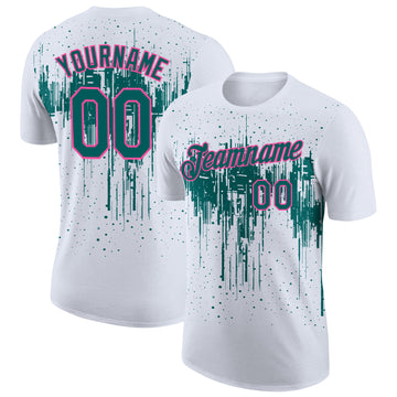 Custom White Teal-Pink Dripping Splatter Paint Performance T-Shirt